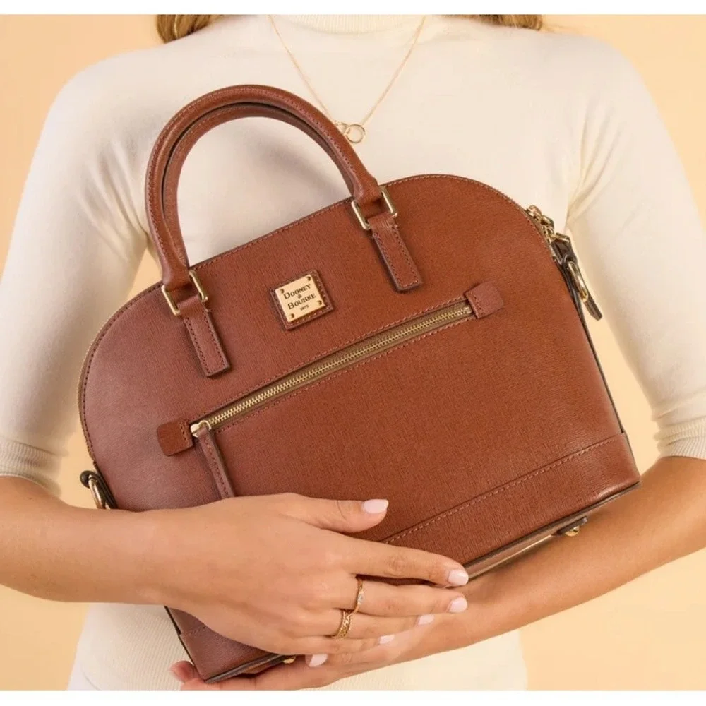 Dooney & Bourke Saffiano Domed Zip‎ Satchel Bag Brown Leather Detachable Strap